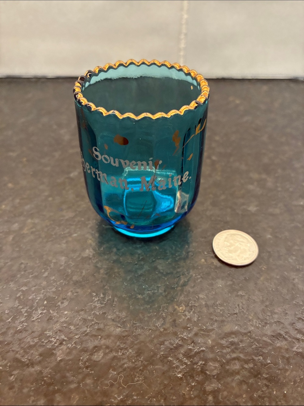 Sherman, Maine Souvenir Blue Glass toothpick holder with Gold Trim
